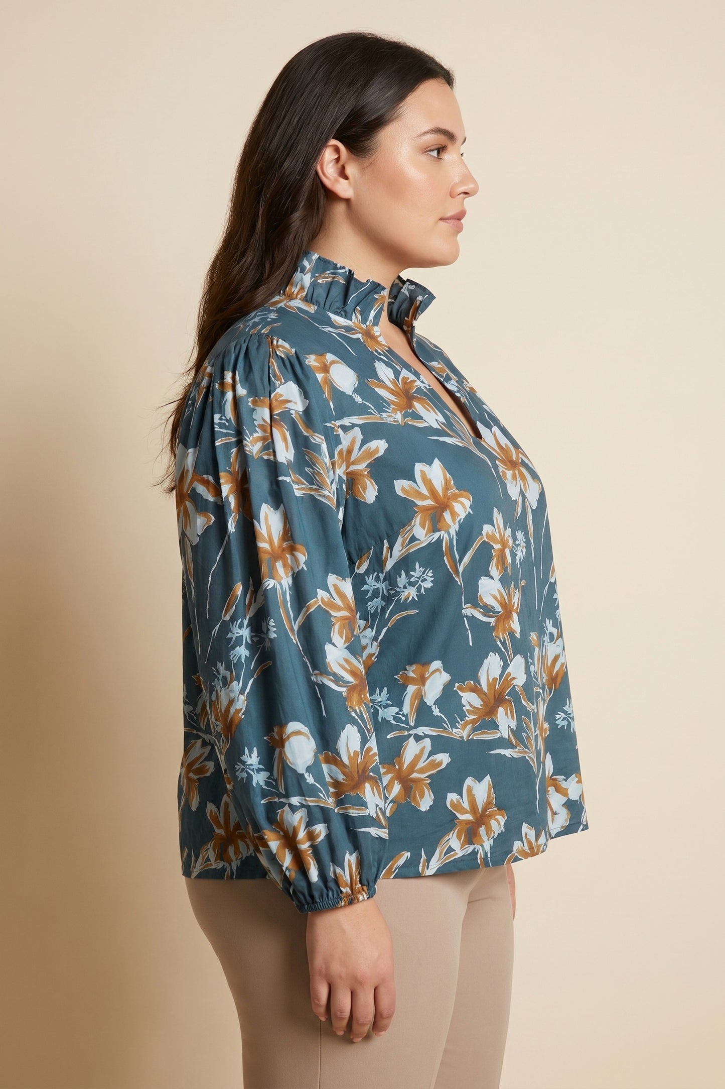 Plus Floral Print High Ruffled Neck Top