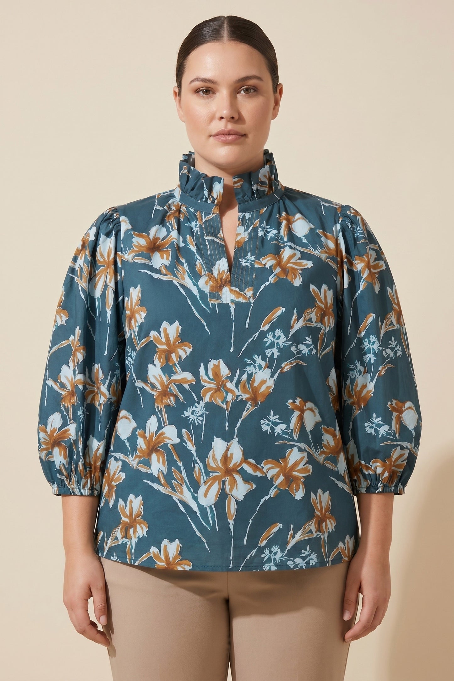 Plus Floral Print High Ruffled Neck Top