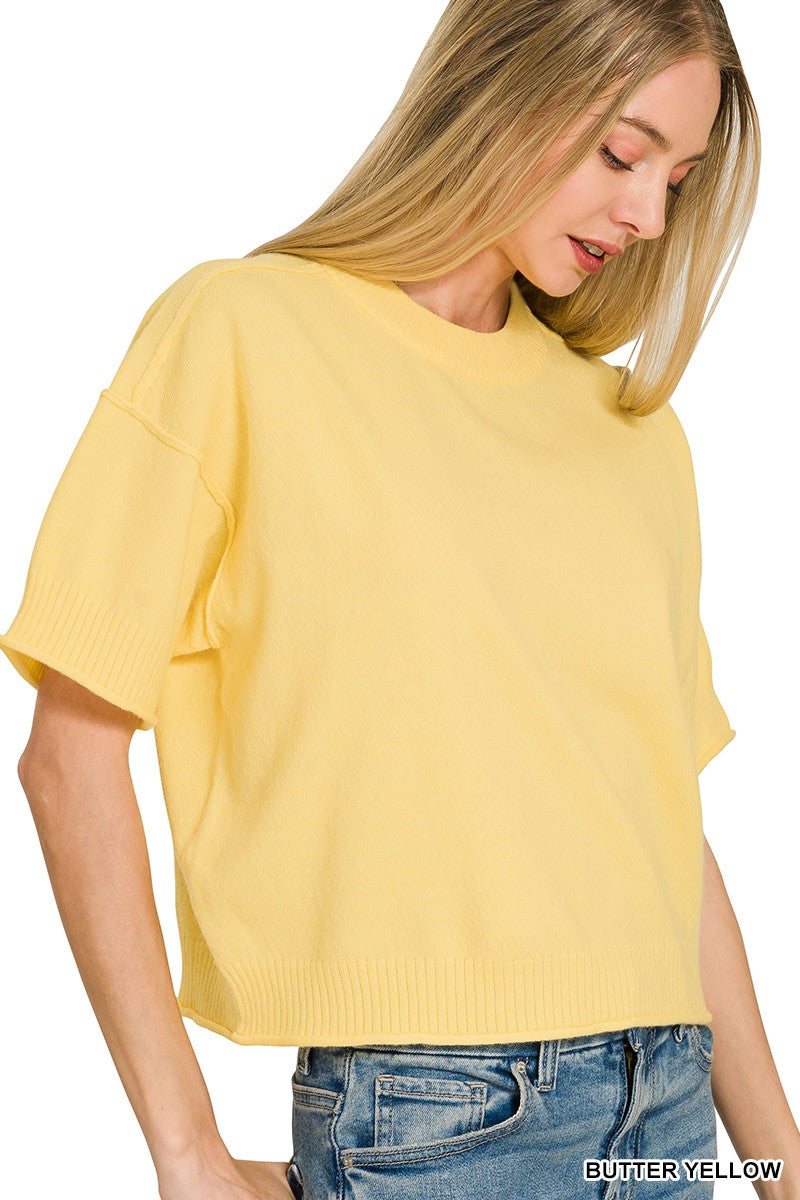 Lightweight Exposed Seam Short Sleeve Crop Sweater