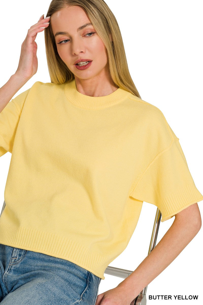Lightweight Exposed Seam Short Sleeve Crop Sweater