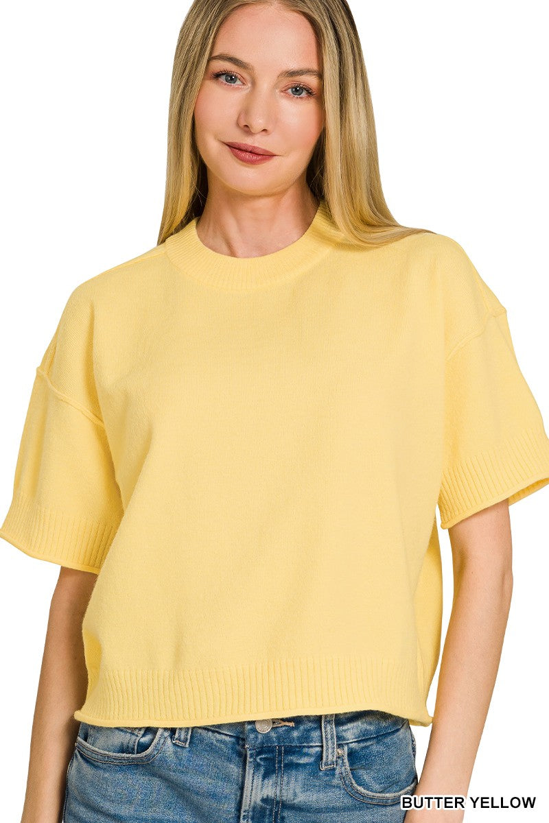 Lightweight Exposed Seam Short Sleeve Crop Sweater