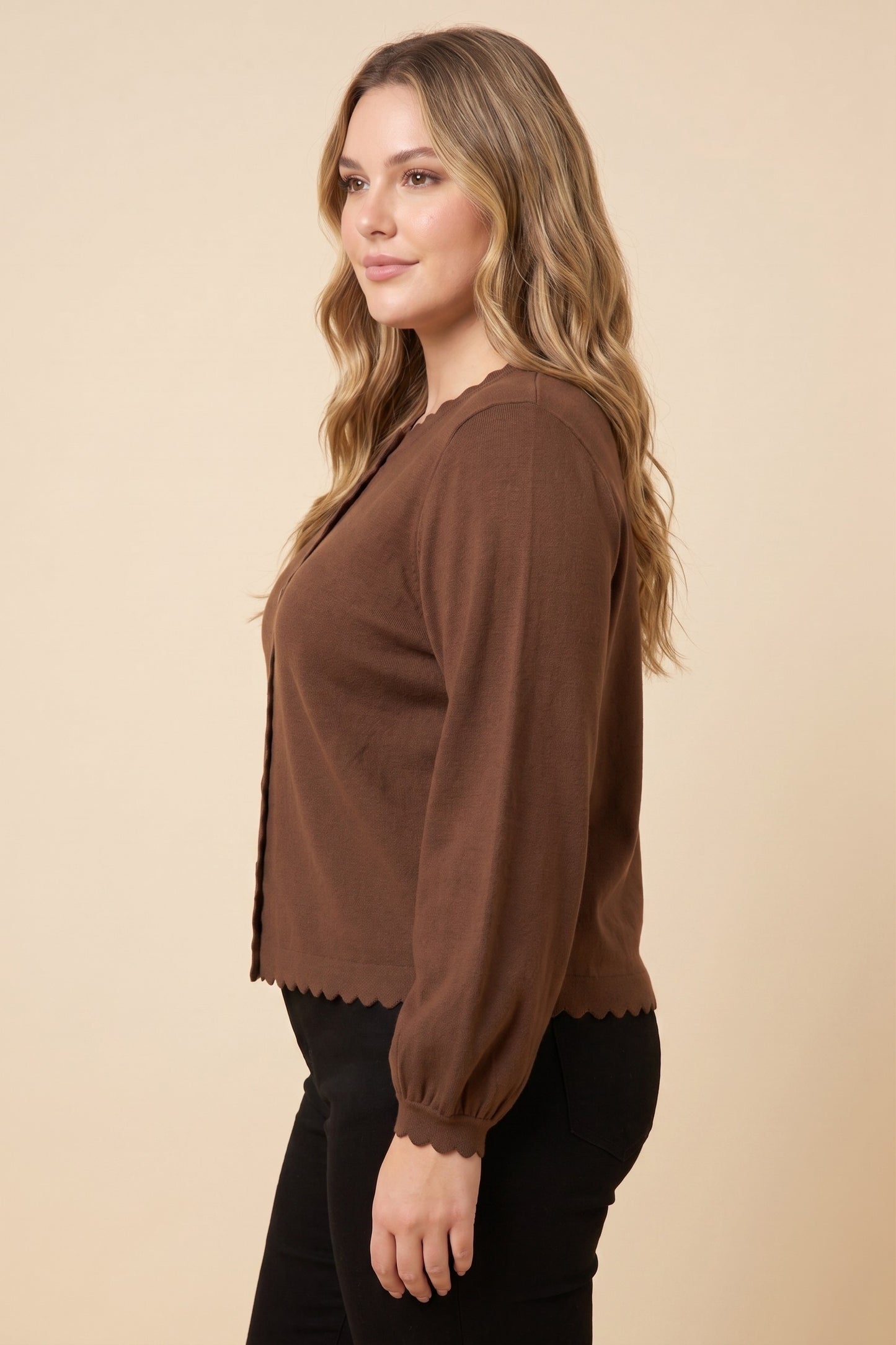 Plus Scallop Edge Balloon Sleeve Sweater Cardigan