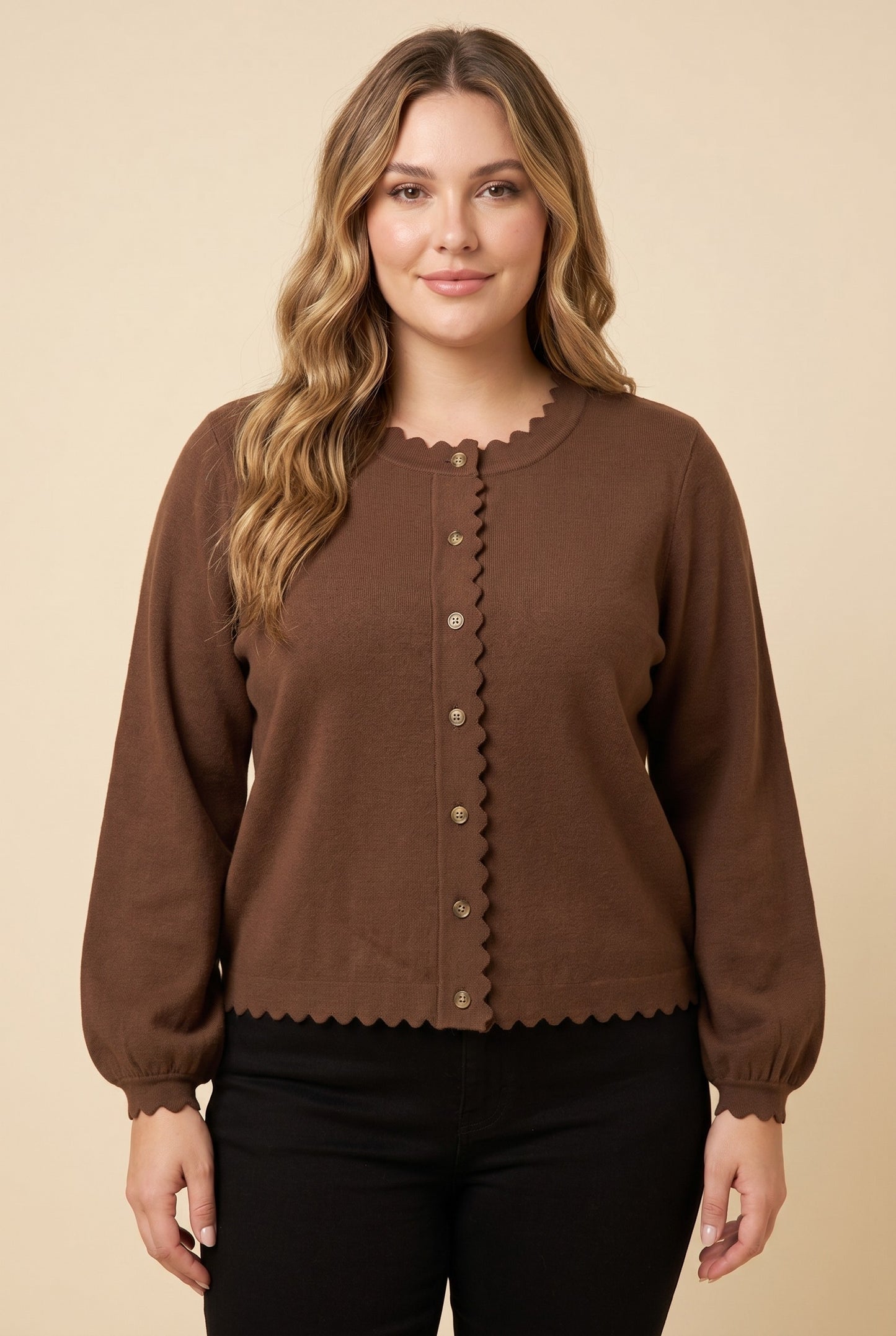 Plus Scallop Edge Balloon Sleeve Sweater Cardigan