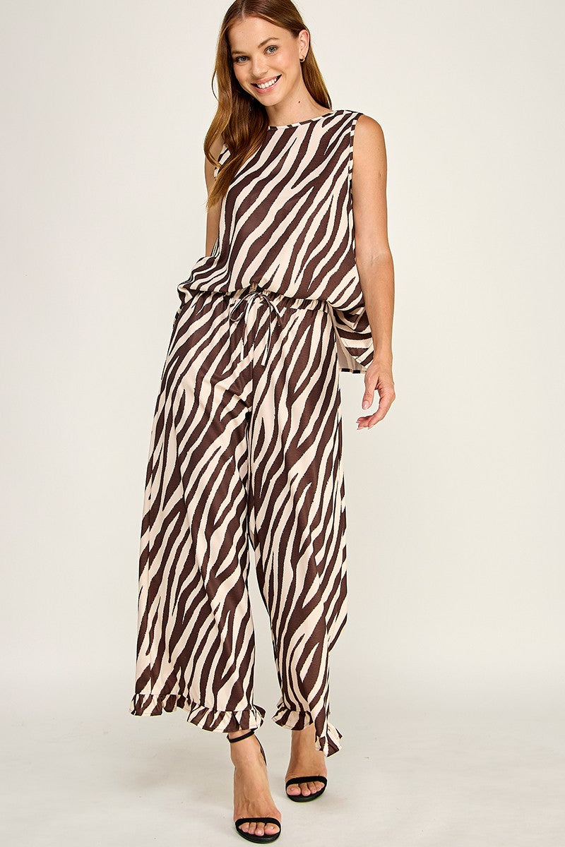 brown zebra ruffle pants set