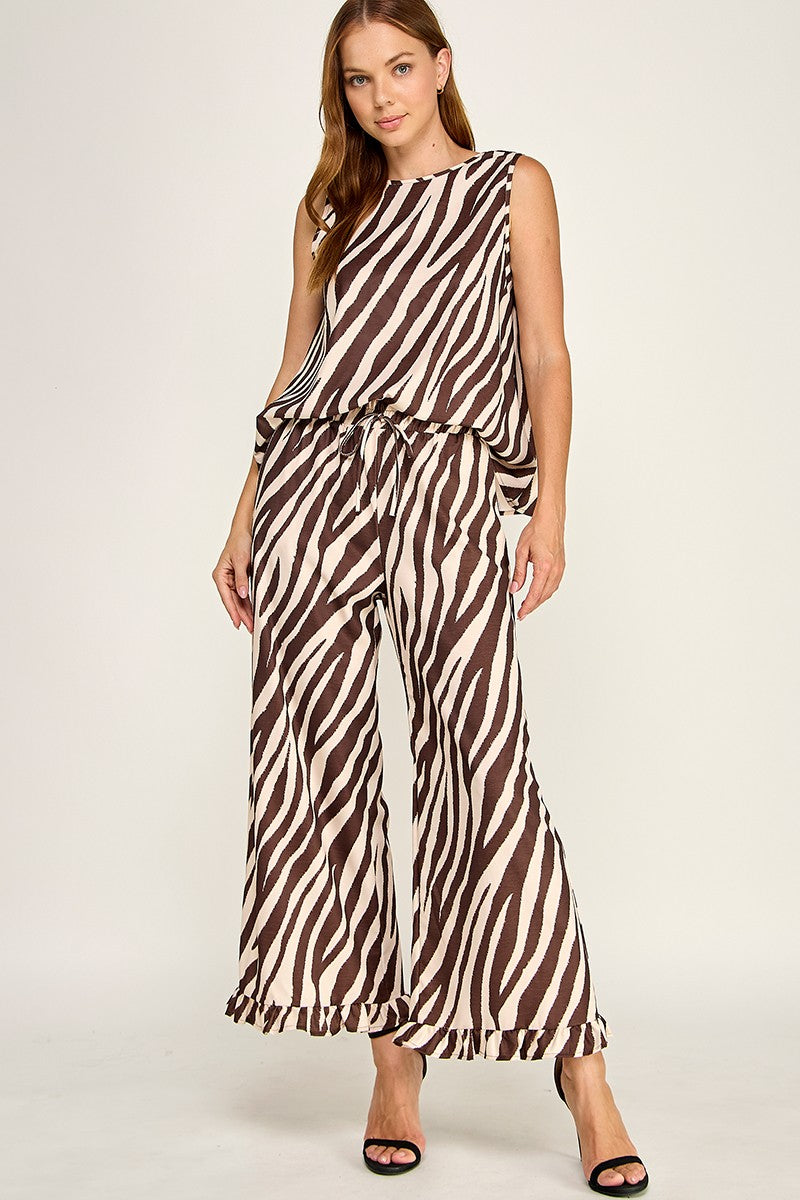 brown zebra ruffle pants set