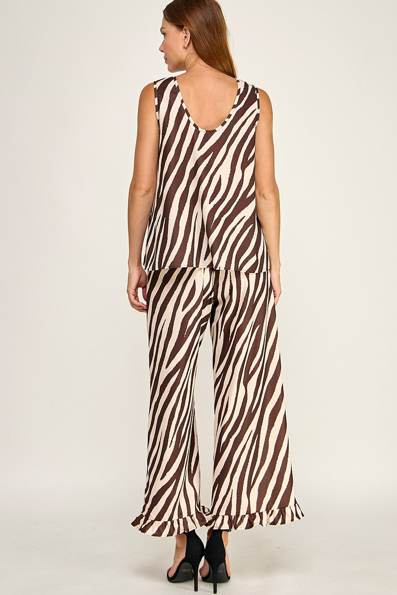 brown zebra ruffle pants set