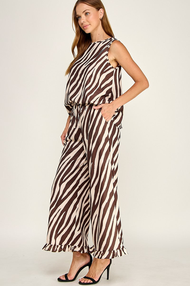 brown zebra ruffle pants set