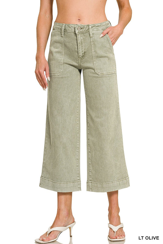 Cropped Wide Leg Color Denim Pants olive