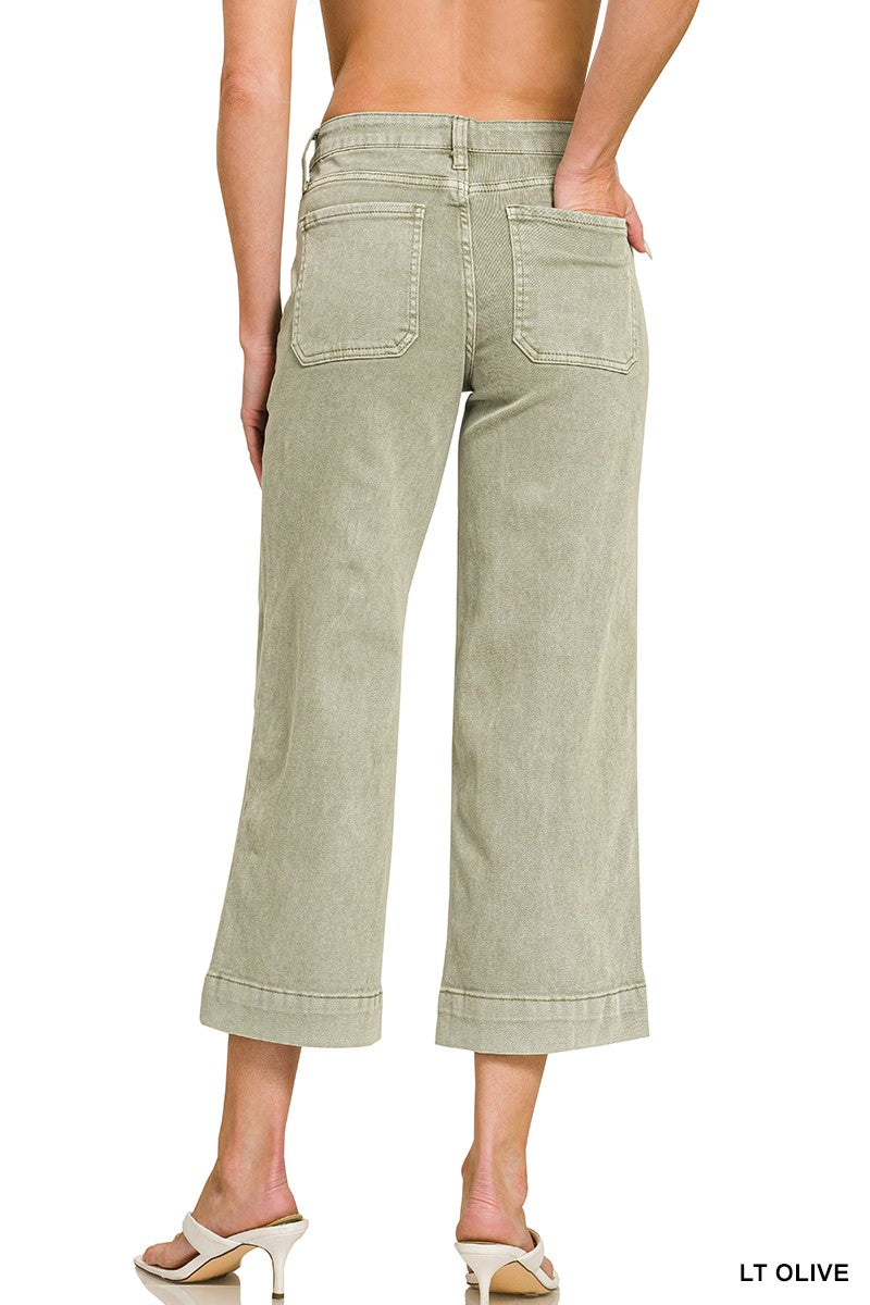 Cropped Wide Leg Color Denim Pants olive