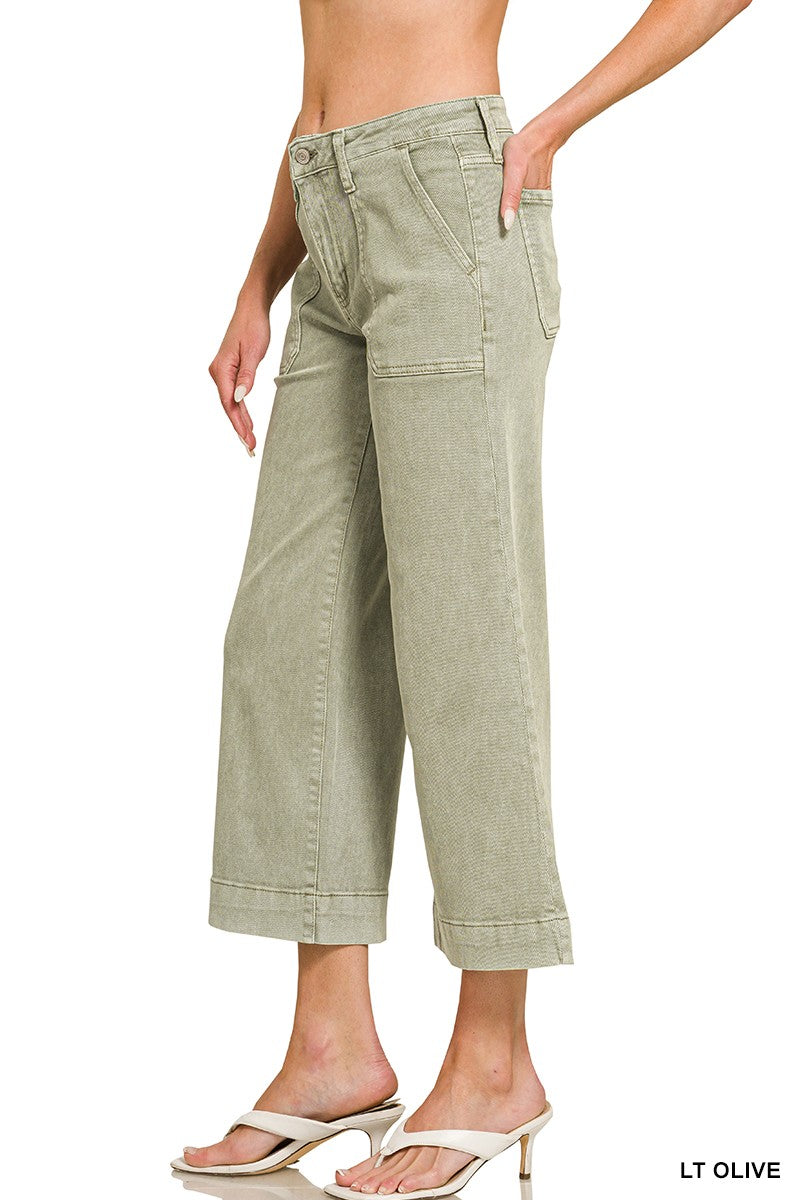 Cropped Wide Leg Color Denim Pants olive
