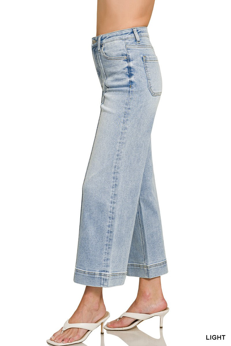 High Rise Wide Leg Pintuck Denim Pants