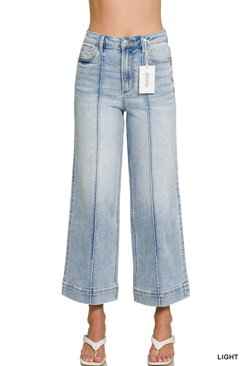 High Rise Wide Leg Pintuck Denim Pants