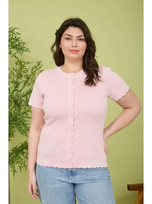 Plus Scalloped Short Sleeve Button Down Cardigan