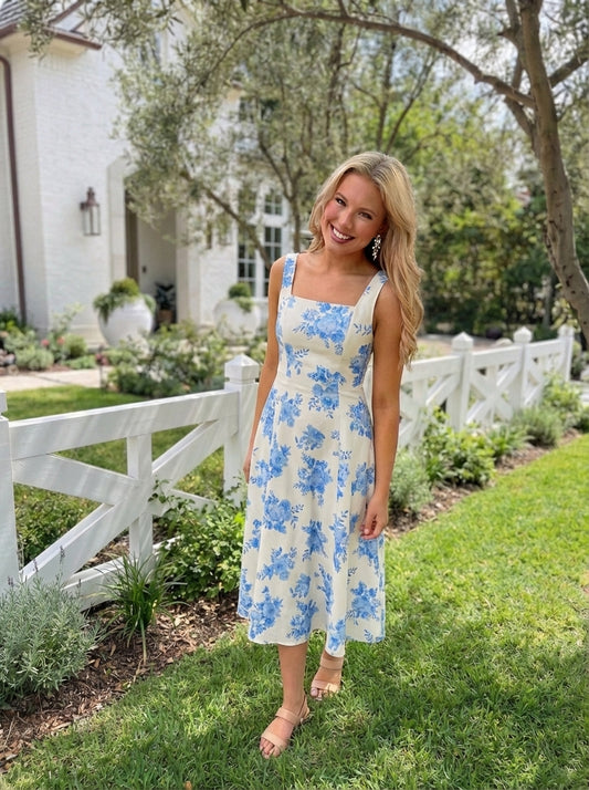 Printed Woven Midi Dress  white with blue flowers
