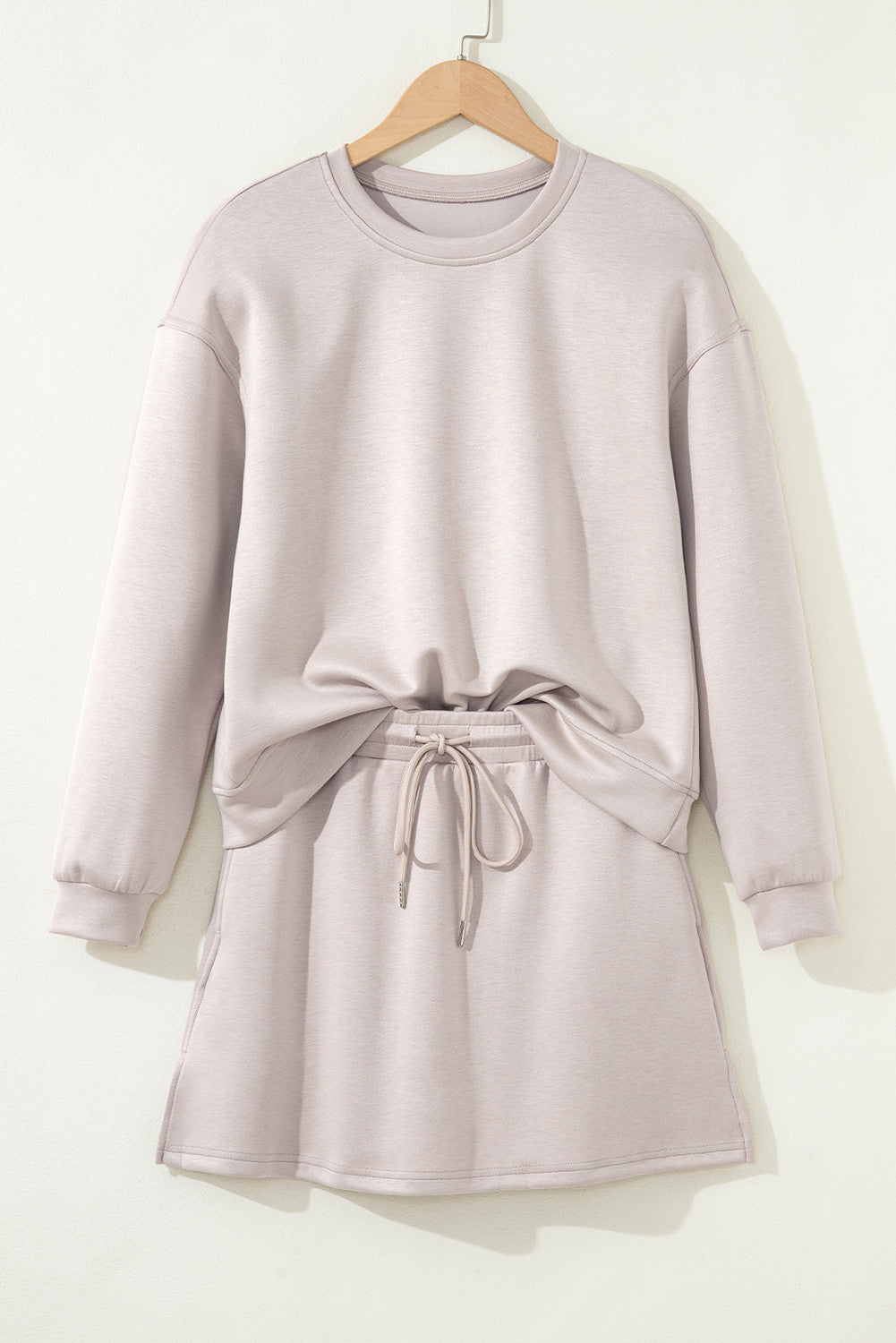 Jet Stream Solid Color Drop Shoulder Pullover Drawstring Mini Skirt 2pcs Outfit