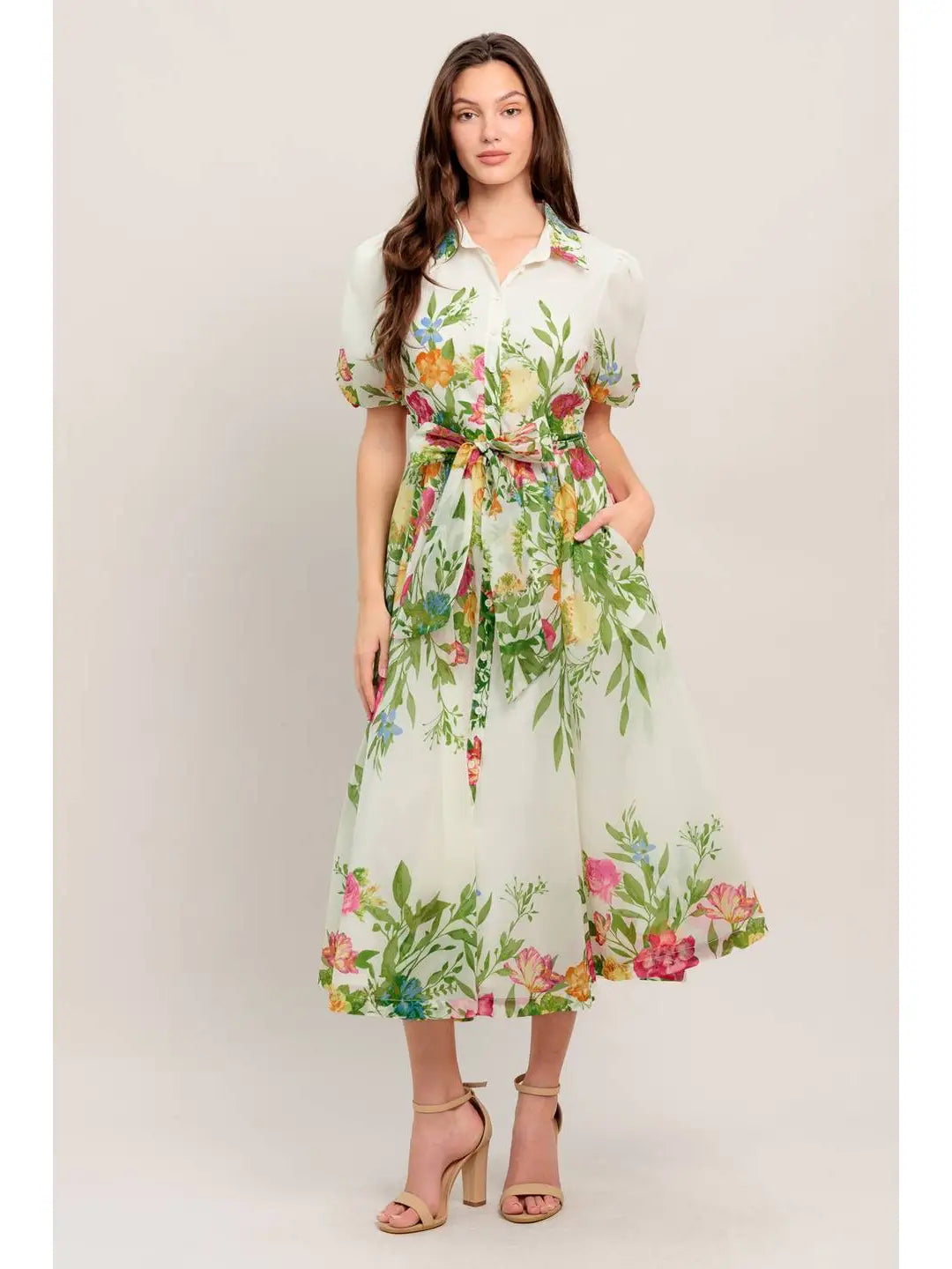 Printed Woven Midi Dress ivory and green