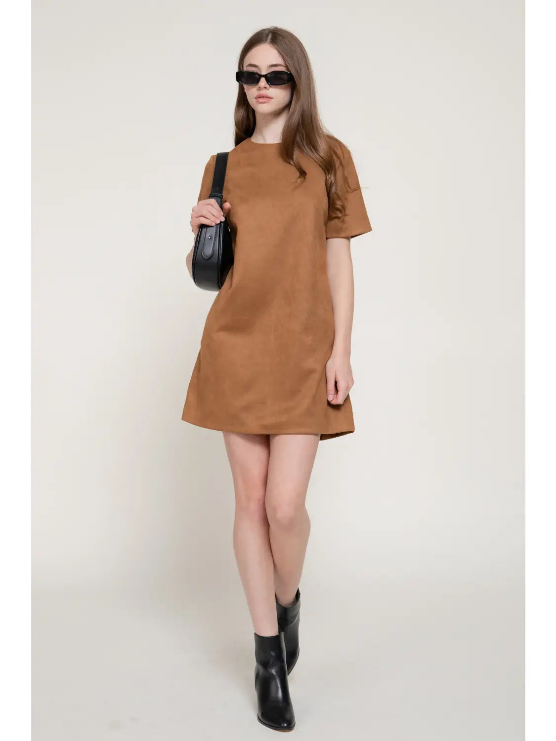 Short Sleeve Round Neck Semi A-Line Faux Suede Mini Dress
