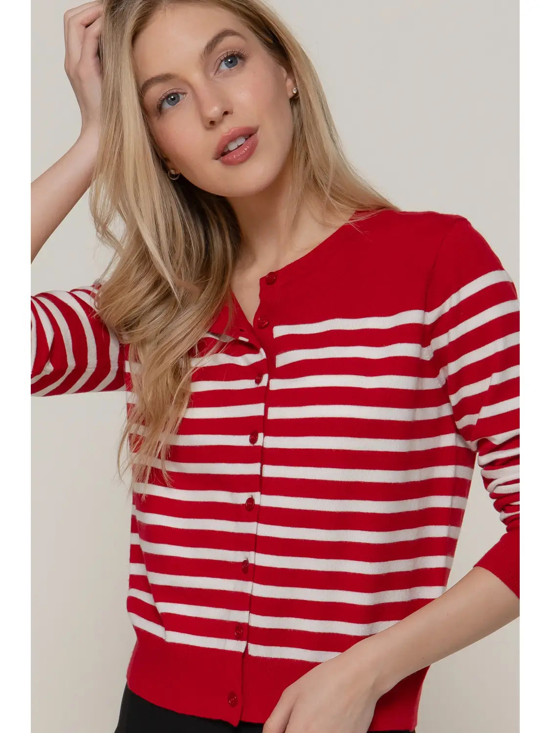 Long Sleeve Crew Neck Stripe Sweater Cardigan