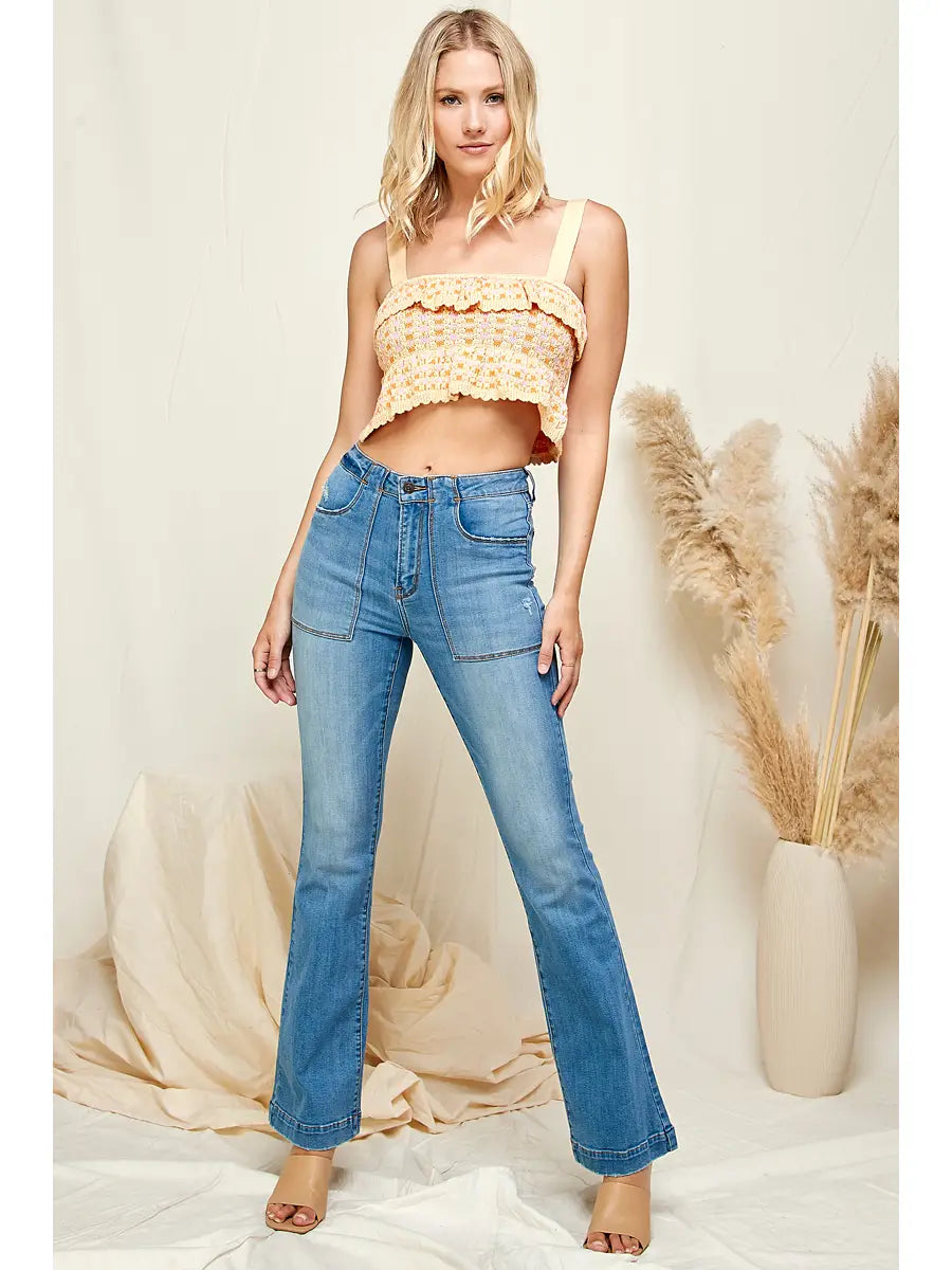 High Rise Out-Stitch Pockets Flare Jeans