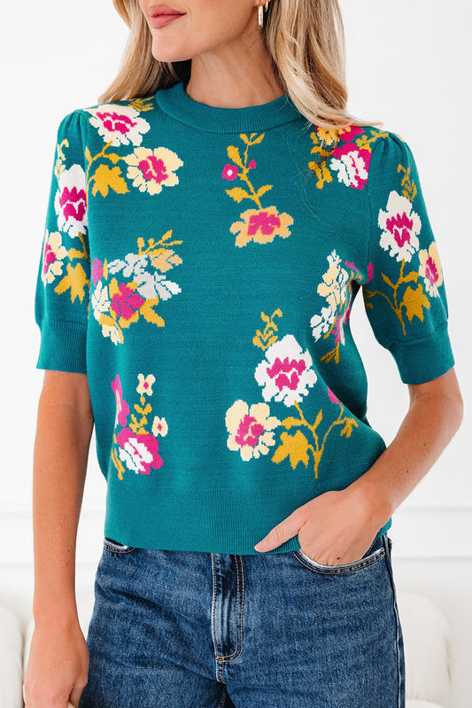 Blue Flower Pattern Mock Neck Short Sleeve Knitted top
