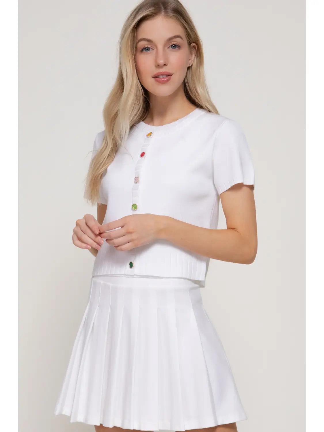 Short Sleeve Crew Neck Cardigan with Gemstone Button