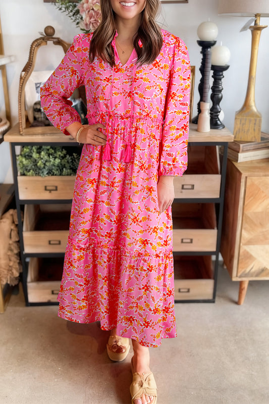 Pink Floral Long Sleeve Tassel Tied V Neck Maxi Dress