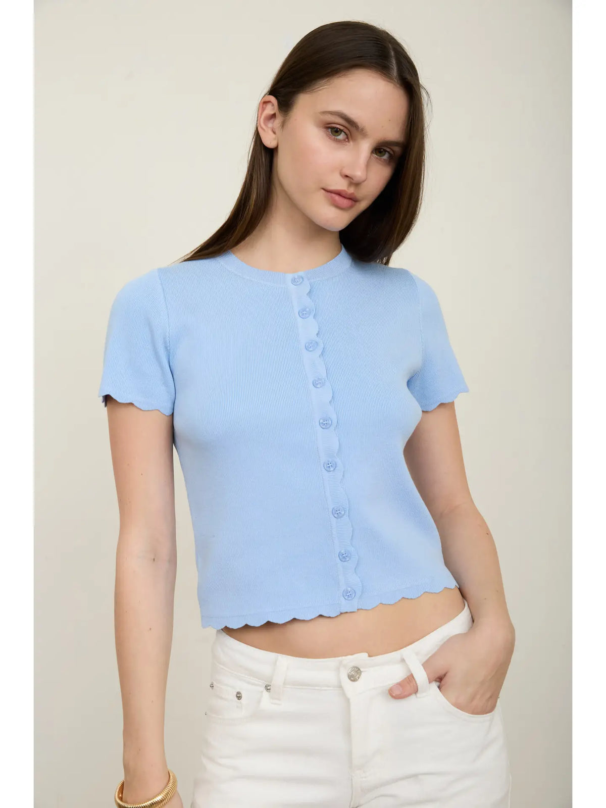 Scalloped Short Sleeve Button Down Knit Cardigan