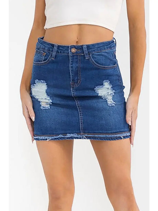 Distressed Denim Pocets Stretch Mini Skirt