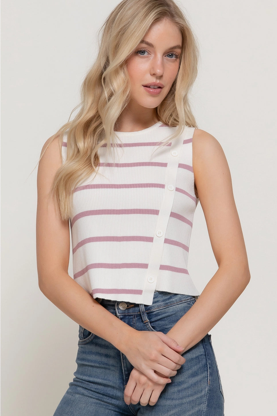 Sleeveless Diagonal Shape Placket Stripe Spring Sweater