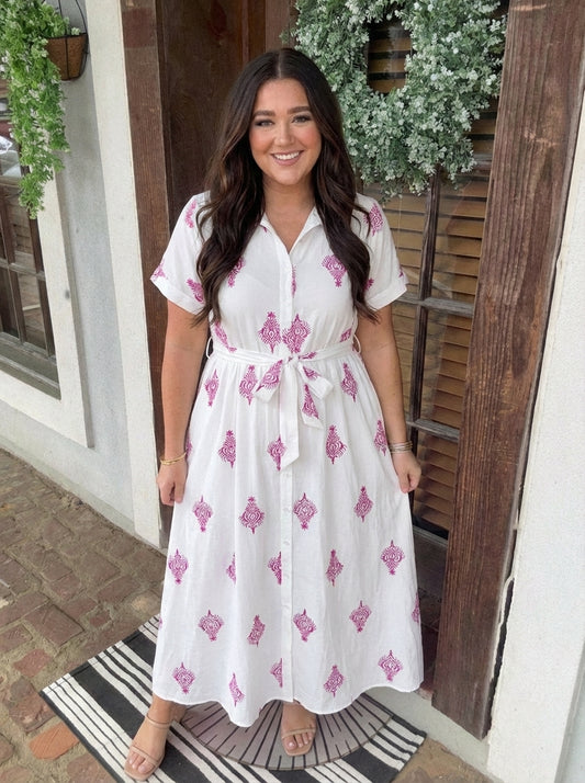Button Up Self Tie Embroidery Maxi Dress