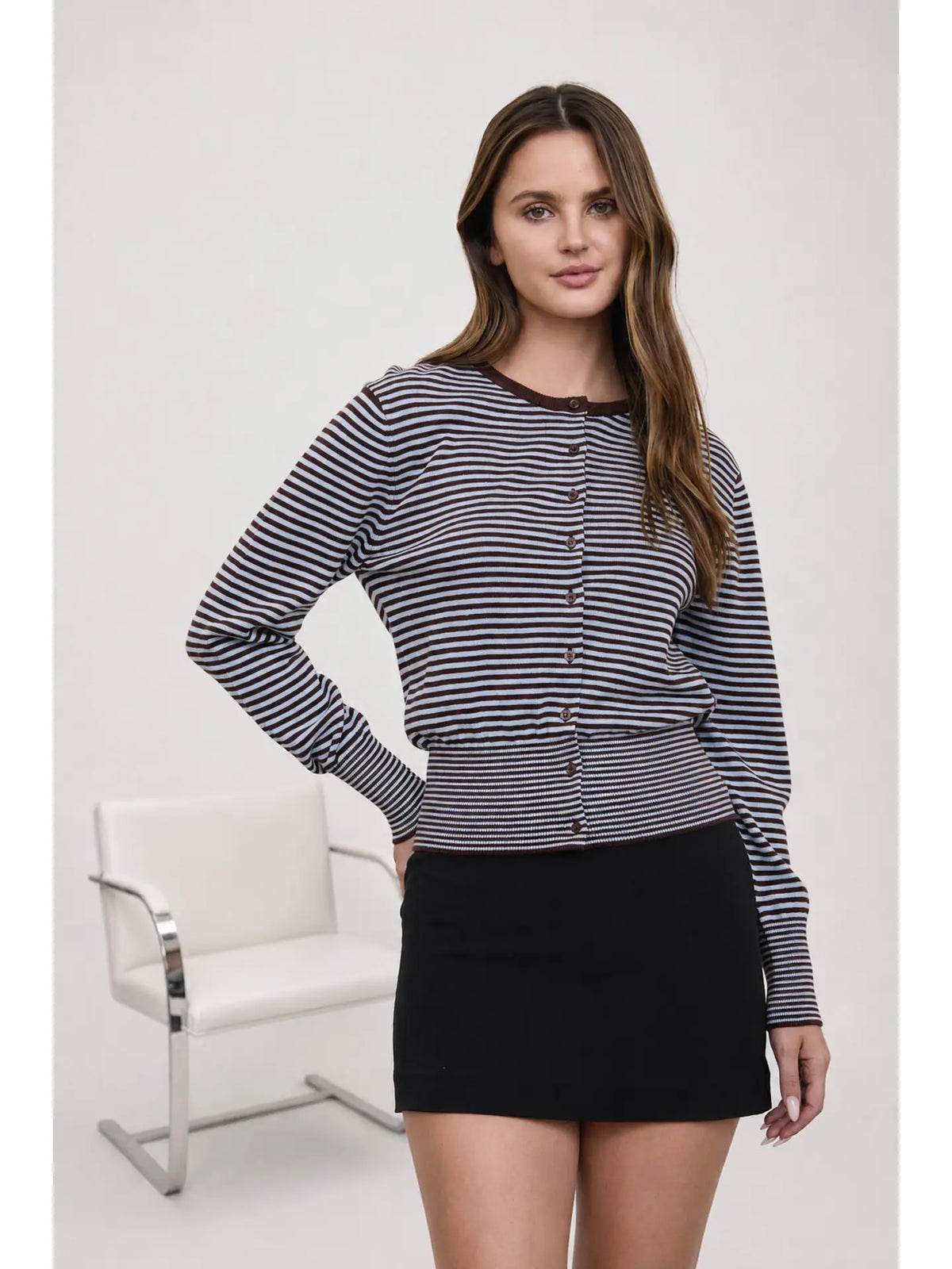 Stripe Round Neck Button Down Ribbed Hem Cardigan