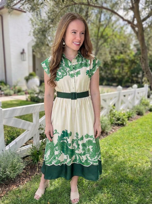 Abstract Print Half Button Midi Dress
