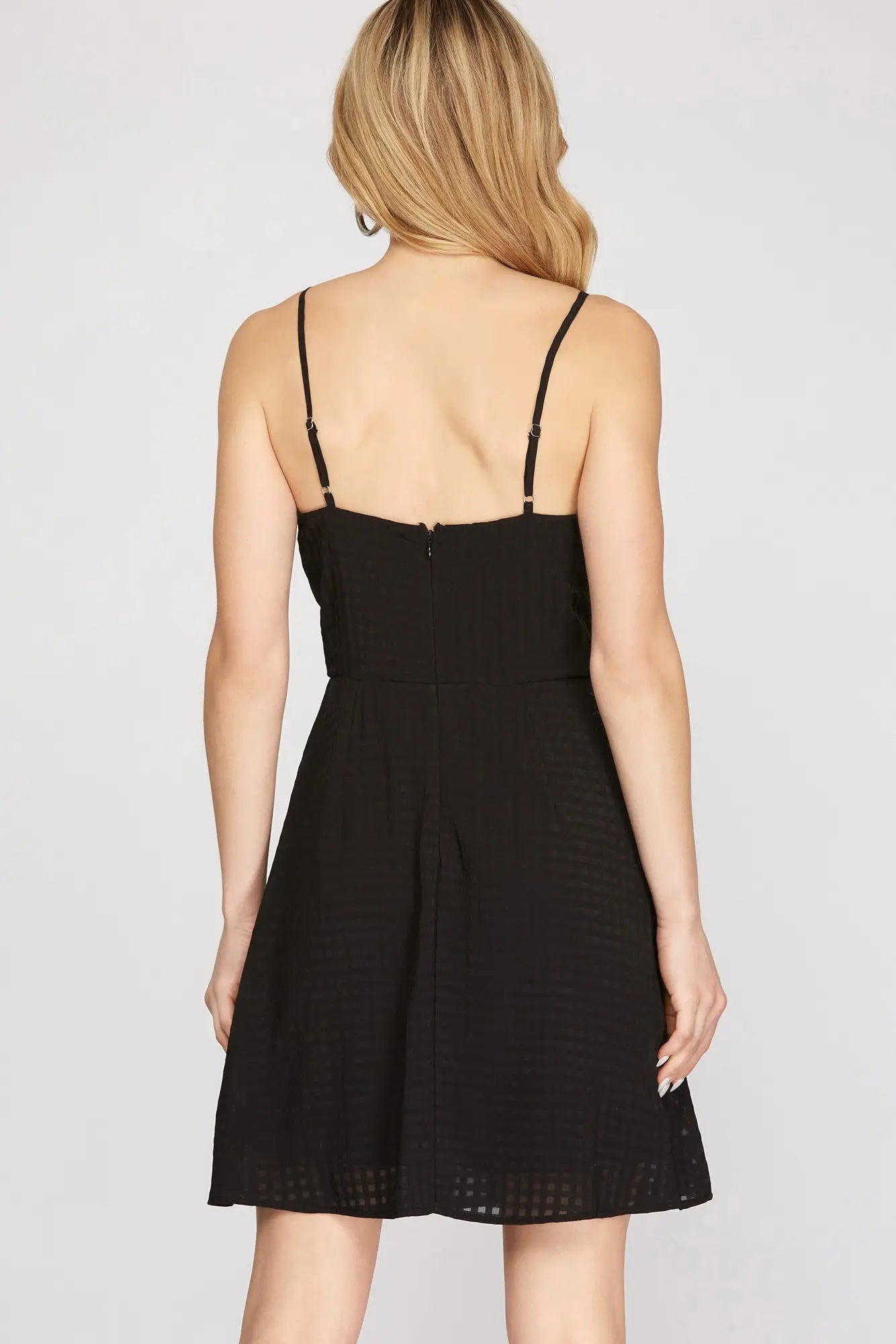 black CHECKER TEXTURED WOVEN CAMI DRESS