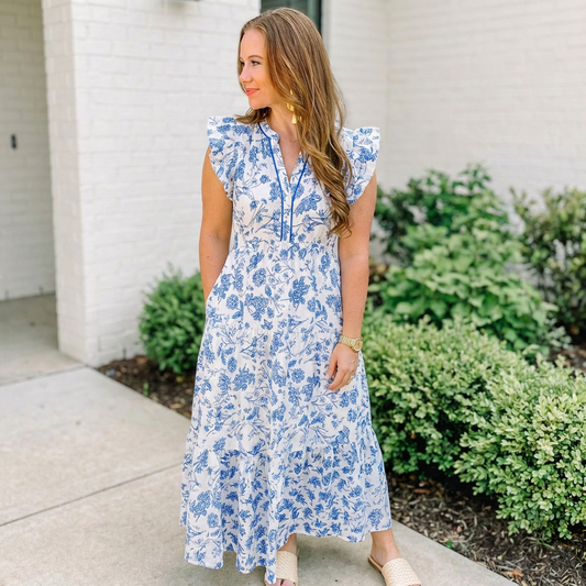 Blue Ruffled Short Sleeve Tiered Floral Midi Dress