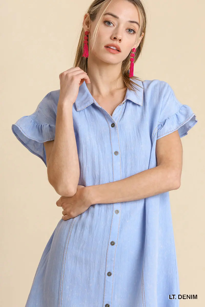 Washed Button Down Ruffle Short Sleeve Dress