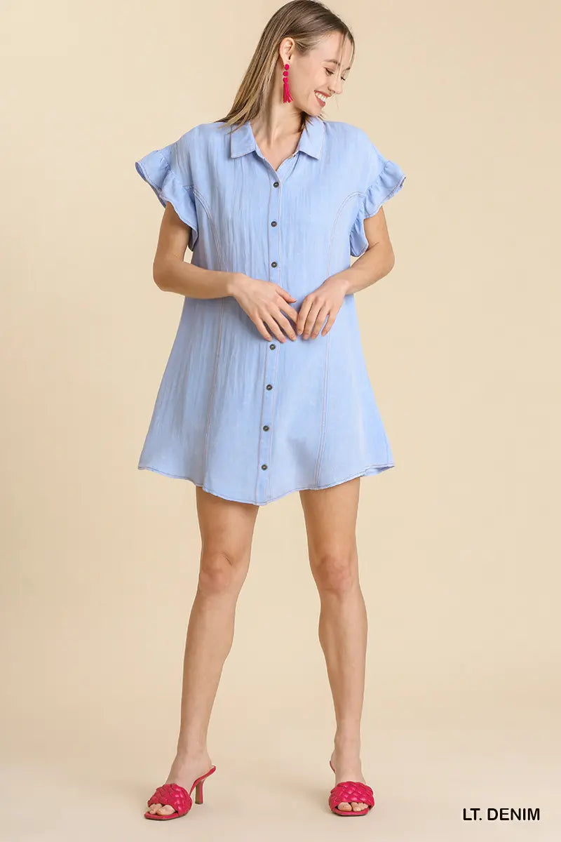 Washed Button Down Ruffle Short Sleeve Dress