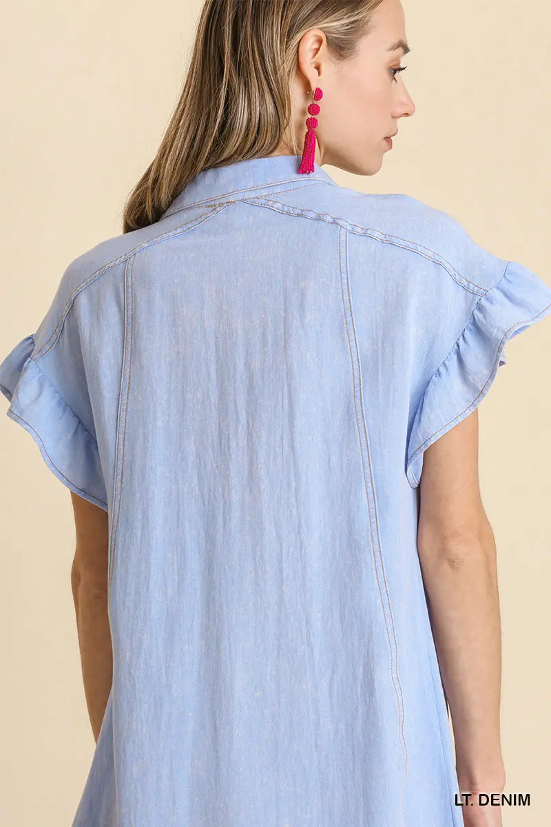 Washed Button Down Ruffle Short Sleeve Dress