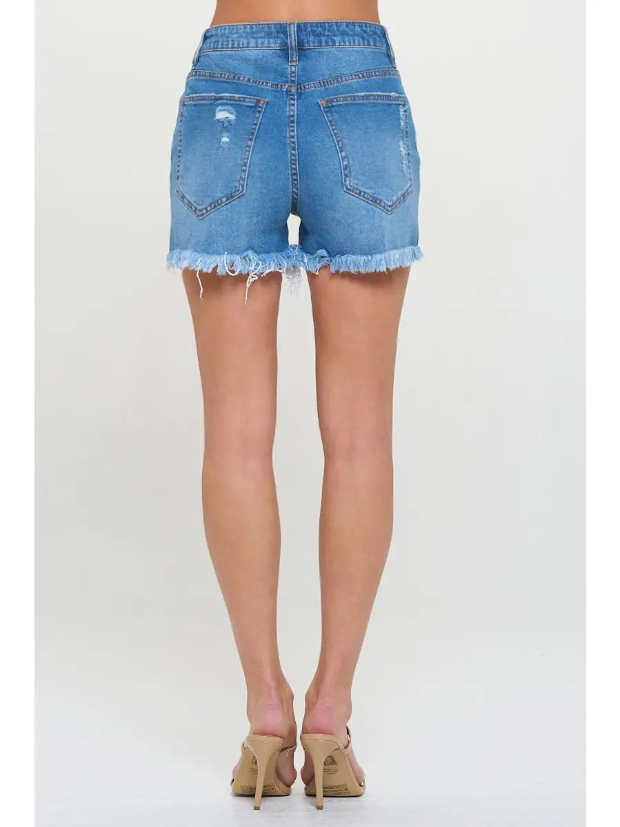 Medium Wash - High Rise Distressed Denim Shorts