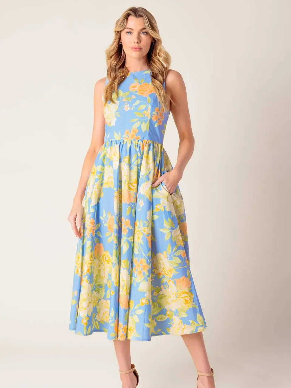 Printed Woven Midi Dress powder blue