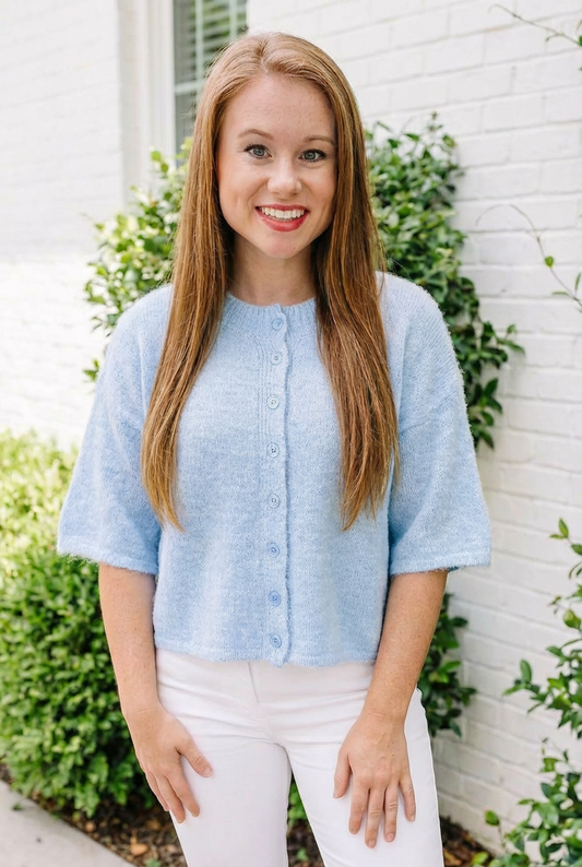 Beau Blue 3/4 Sleeve Boxy Knit Button Down Sweater Cardigan