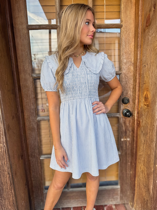 Striped Smocked Mini Dress with Oversized Collar