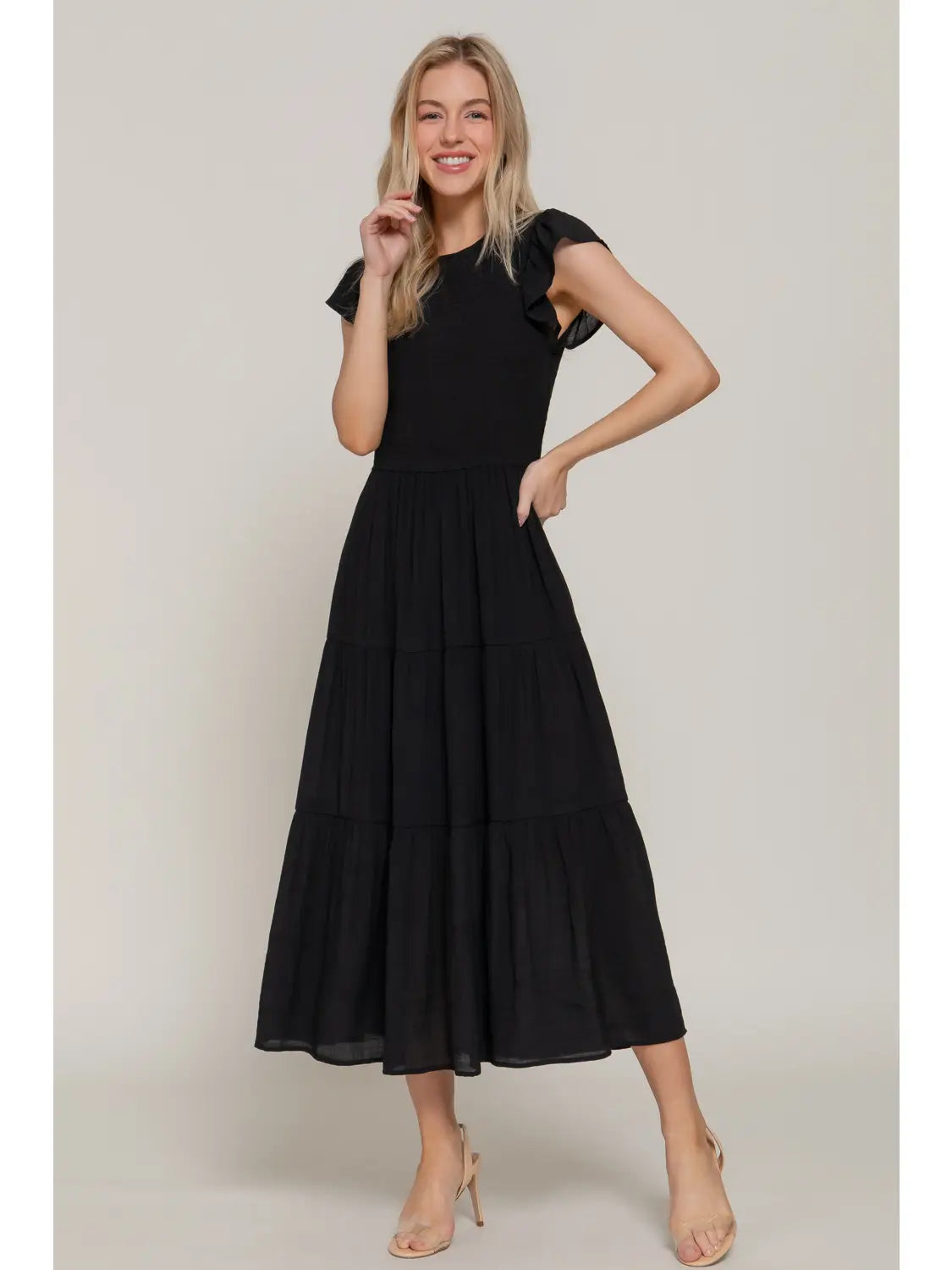 Ruffle Sleeve Crew Neck Smocked Detail Solid Tired Dress