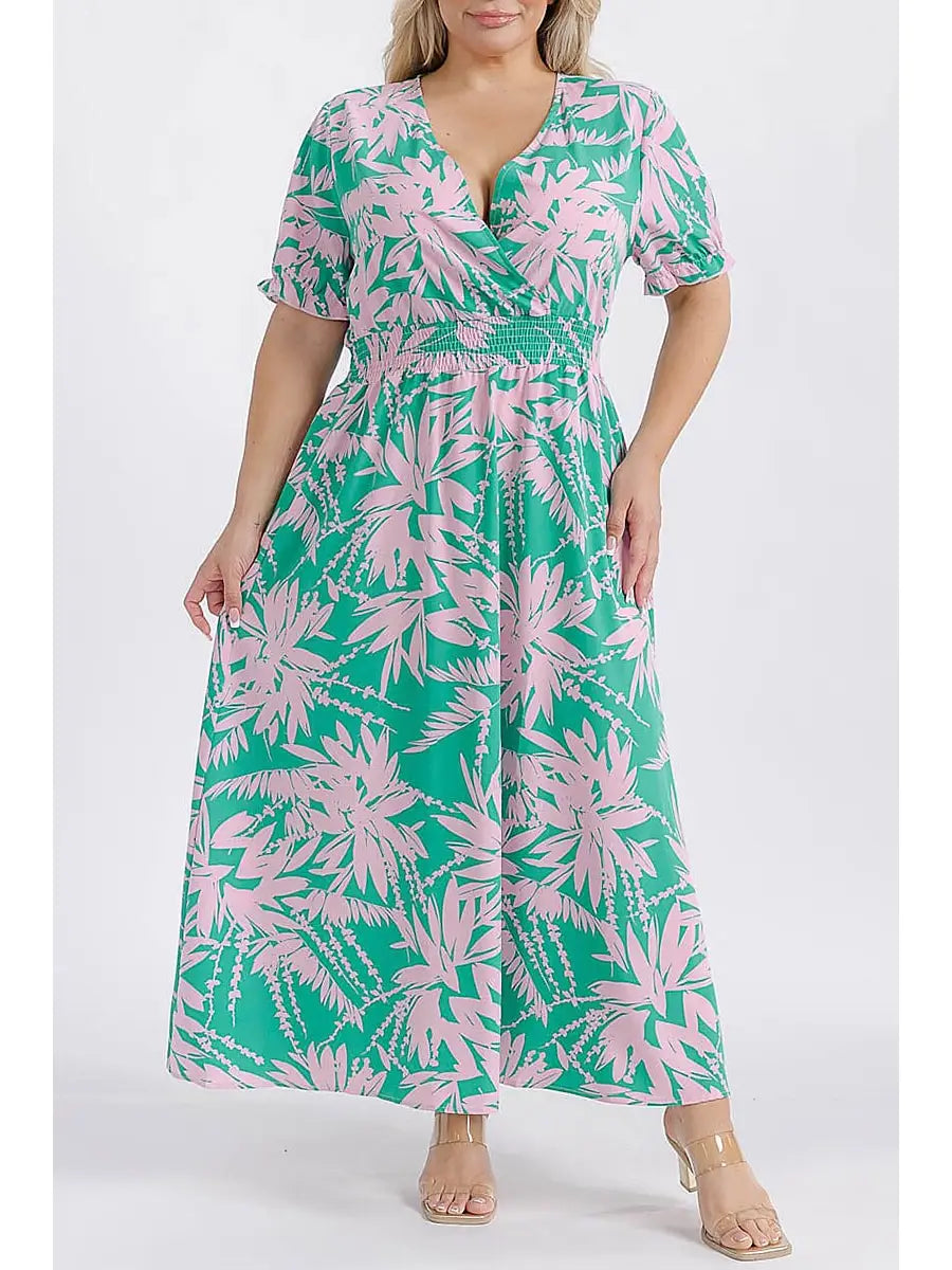 Surplice Smock Waist Floral Maxi Dress