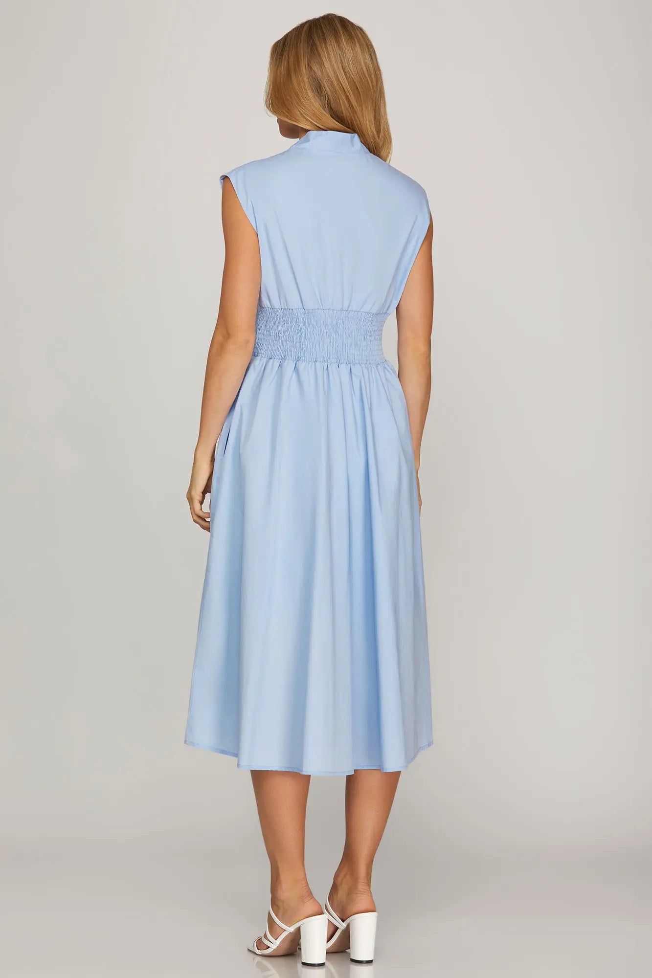 DROP SHOULDER SMOCKED WAIST MIDI DRESS WITH FRONT ZIPPER AND POCKETS powder blue
