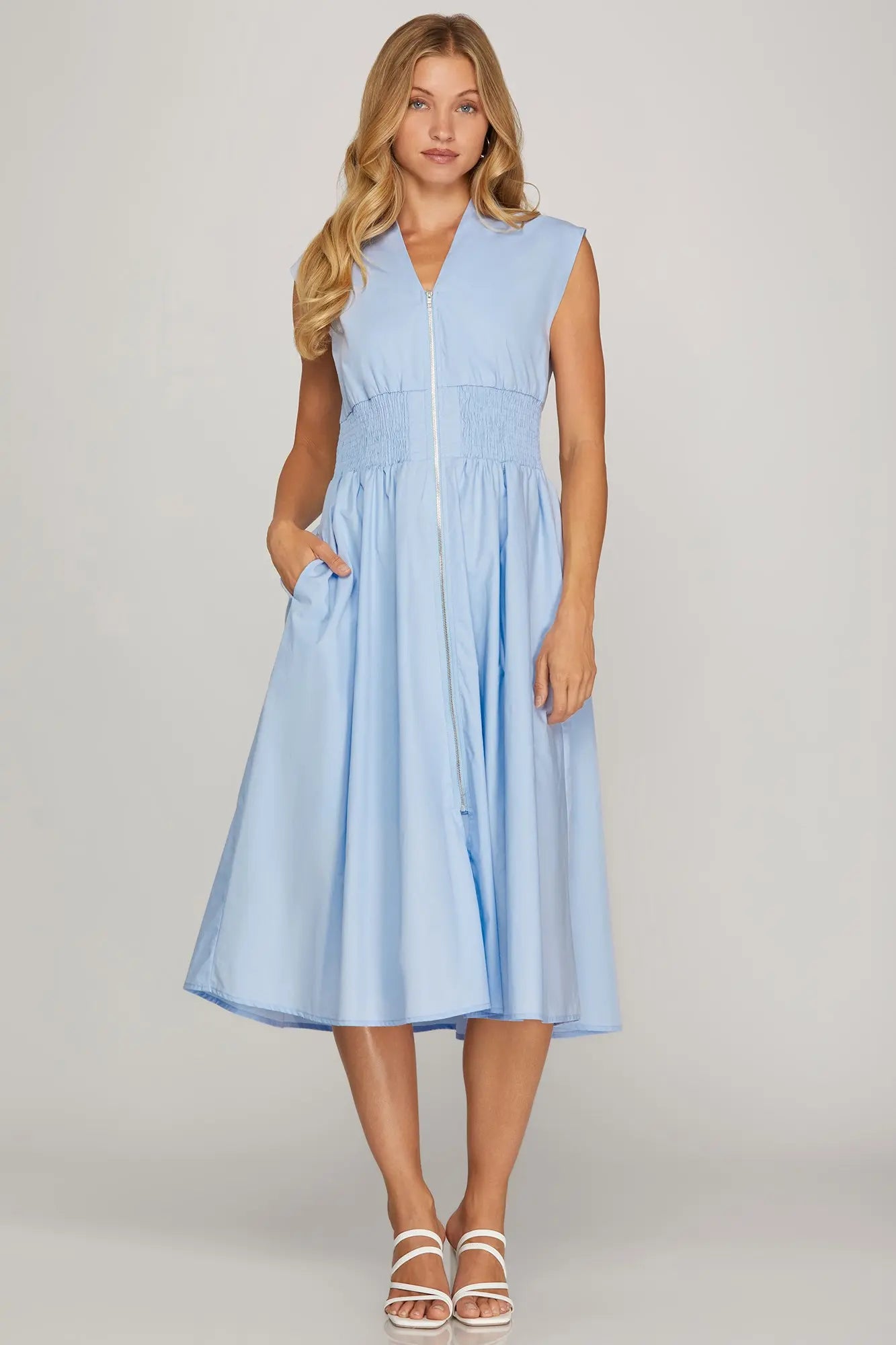 DROP SHOULDER SMOCKED WAIST MIDI DRESS WITH FRONT ZIPPER AND POCKETS powder blue
