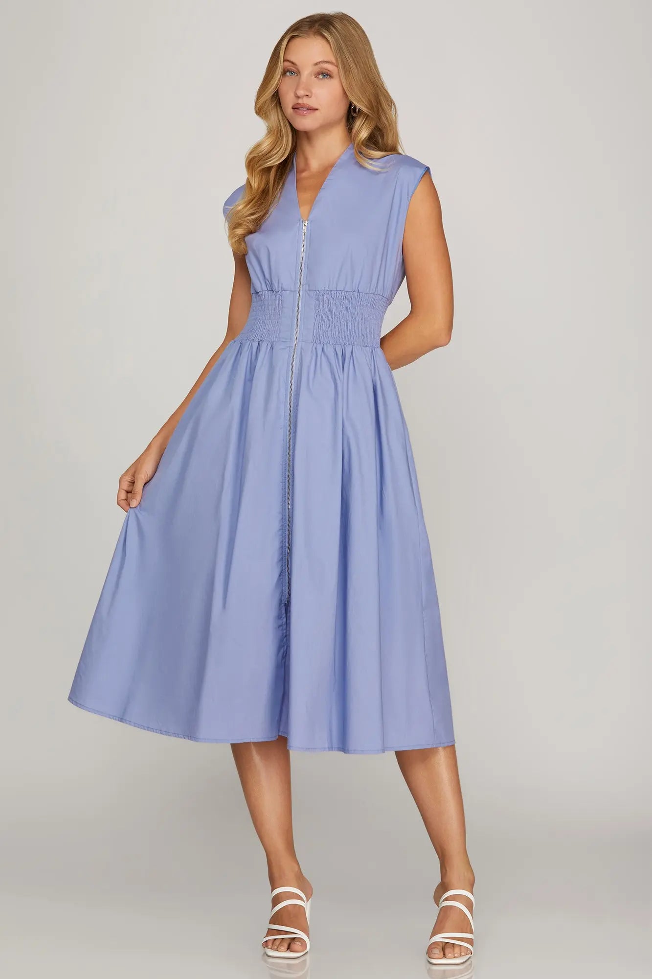DROP SHOULDER SMOCKED WAIST MIDI DRESS WITH FRONT ZIPPER AND POCKETS
