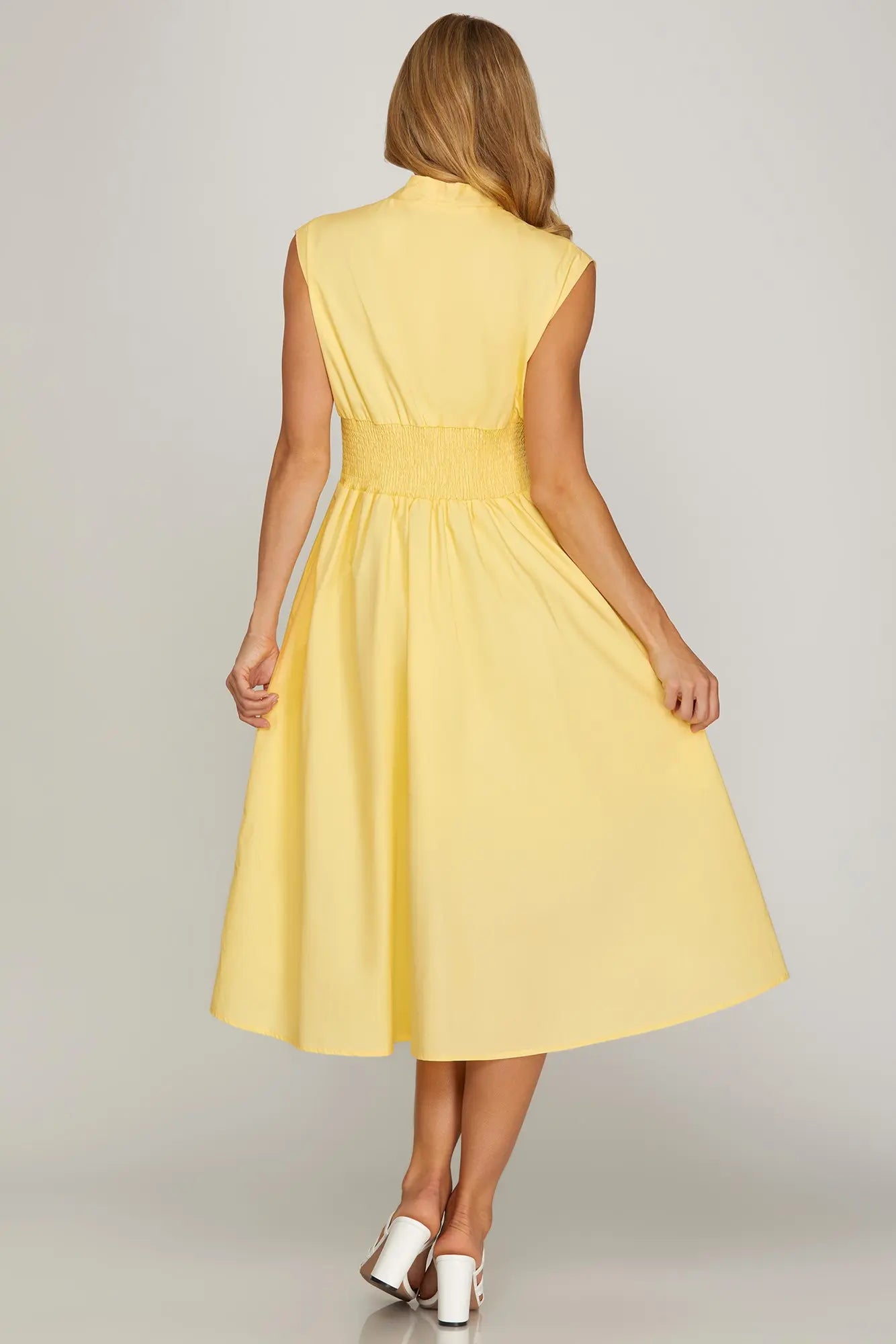 DROP SHOULDER SMOCKED WAIST MIDI DRESS WITH FRONT ZIPPER AND POCKETS yellow