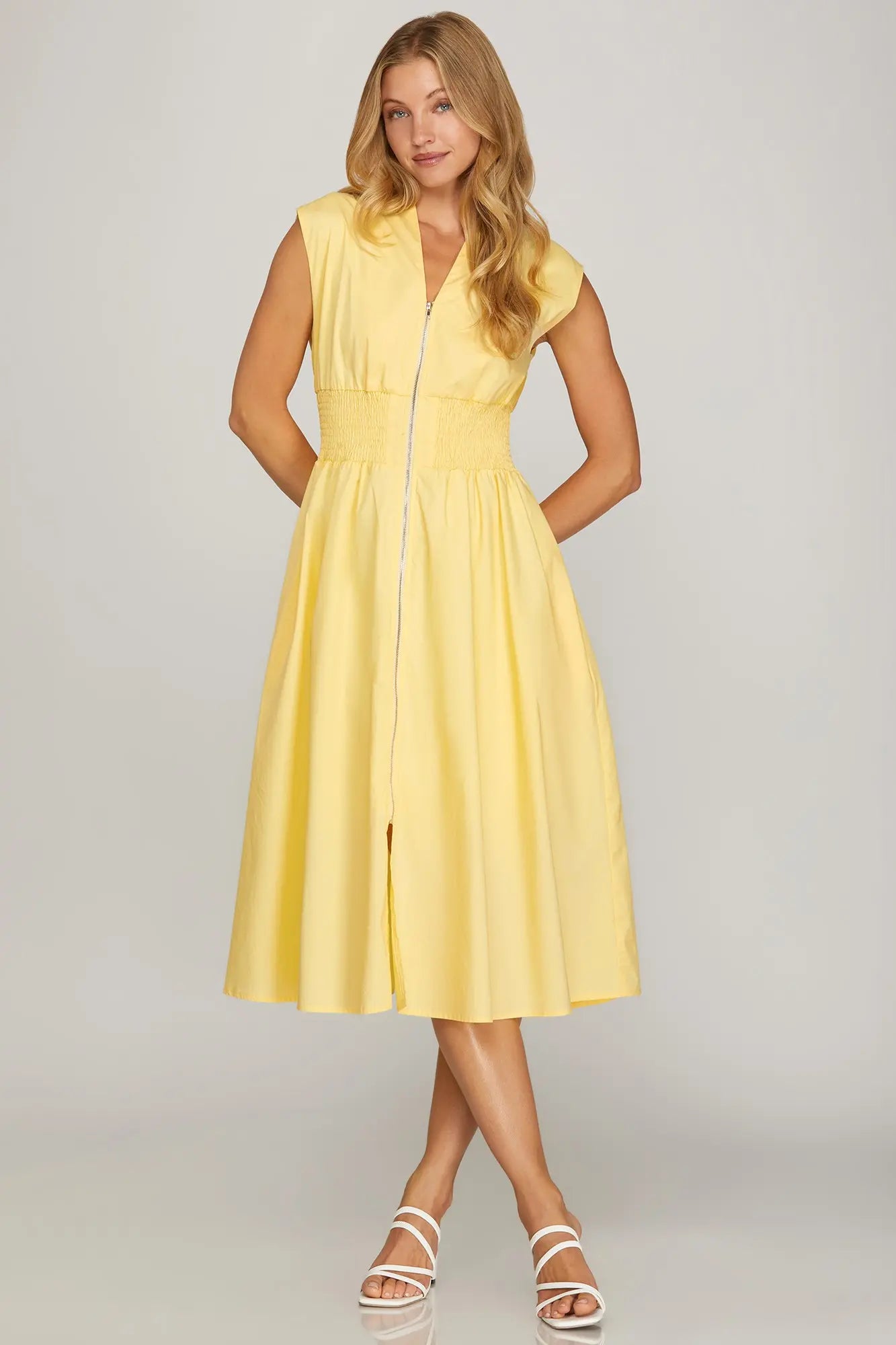 DROP SHOULDER SMOCKED WAIST MIDI DRESS WITH FRONT ZIPPER AND POCKETS yellow
