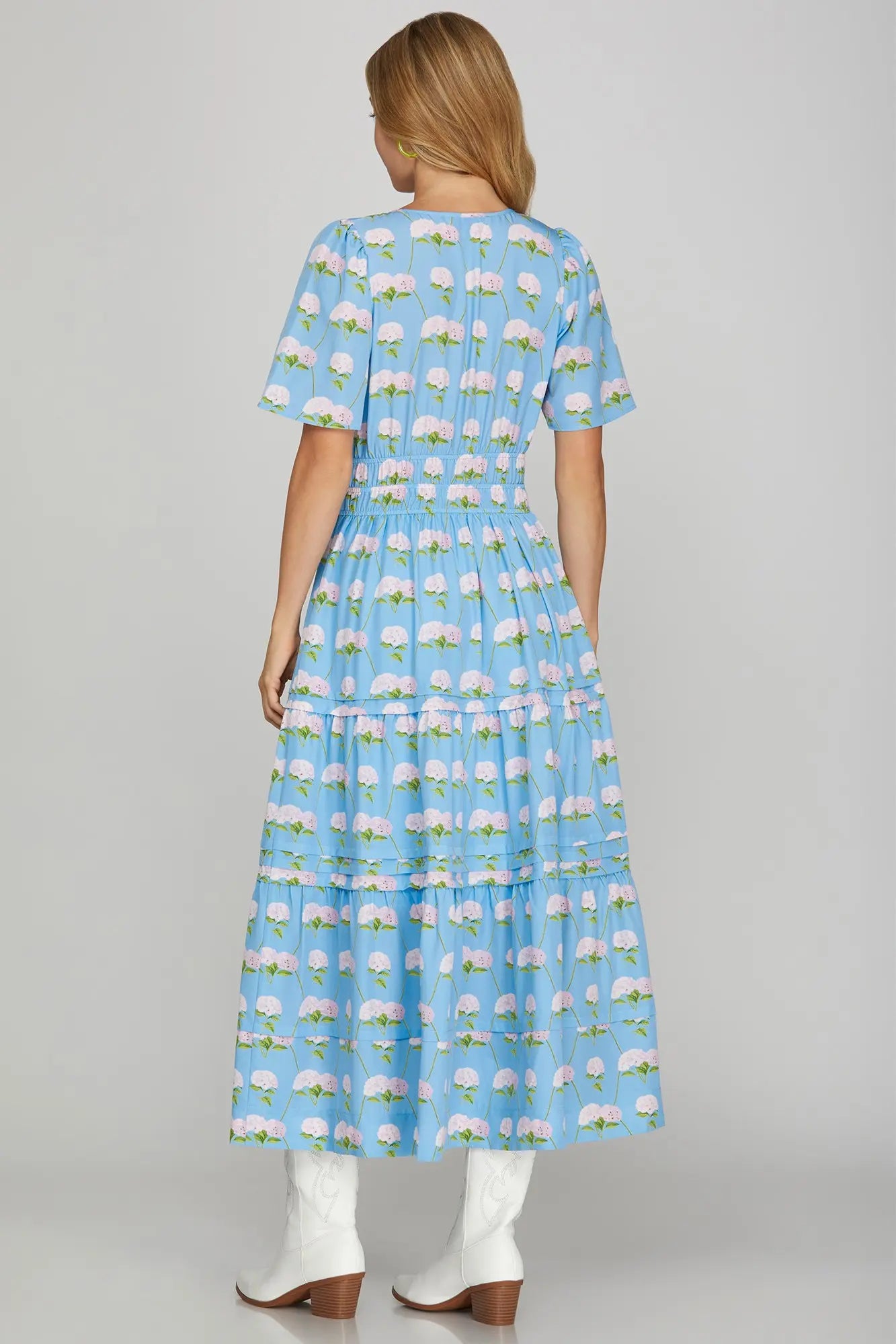 SHORT SLEEVE WOVEN FLORAL PRINT TIERED MIDI DRESS WITH POCKETS