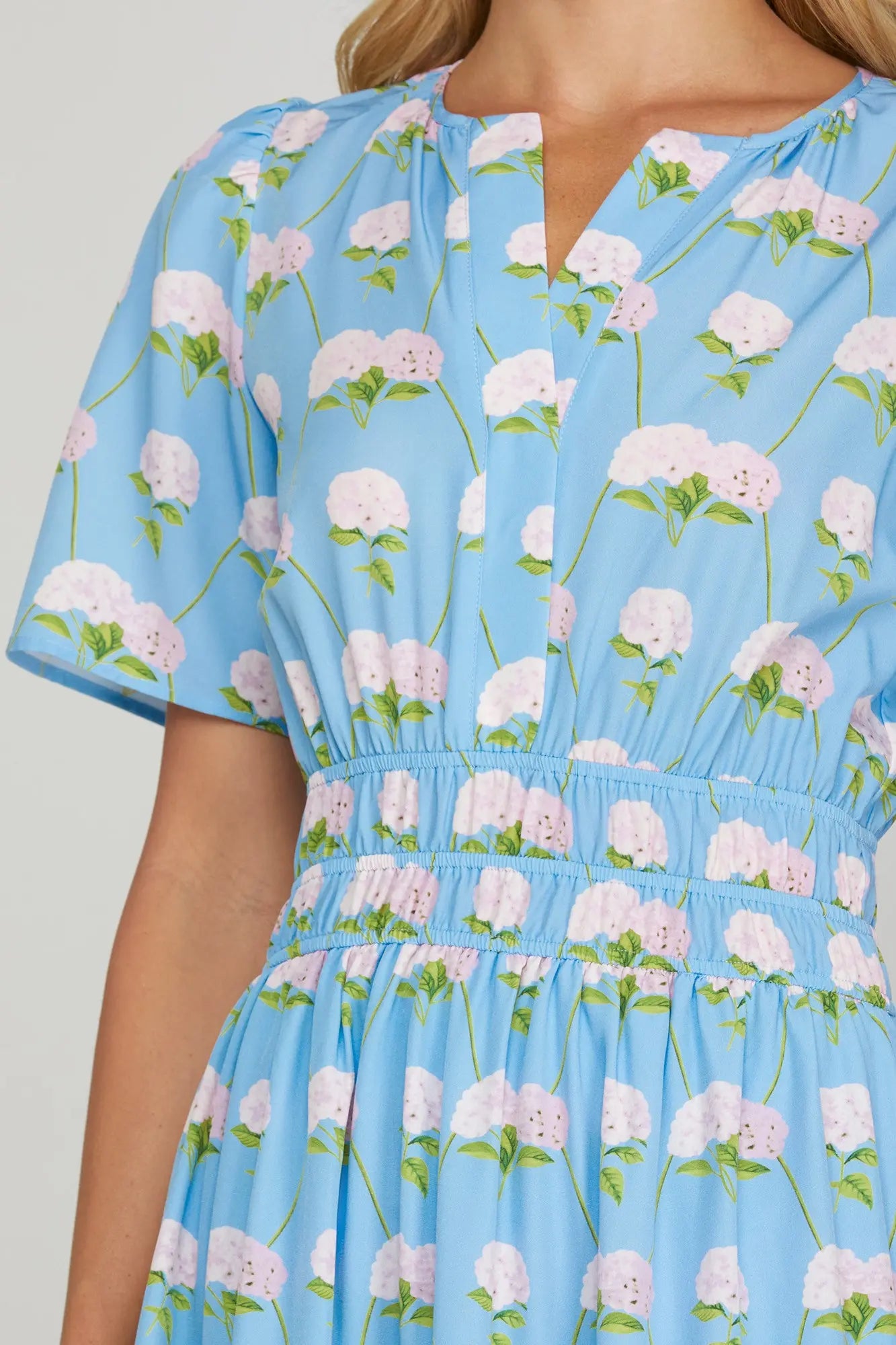 SHORT SLEEVE WOVEN FLORAL PRINT TIERED MIDI DRESS WITH POCKETS